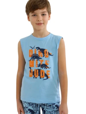 Erkek Çocuk Dinazor Baskılı Sıfır Kollu Şortlu Pijama Takımı - Almira Bebek