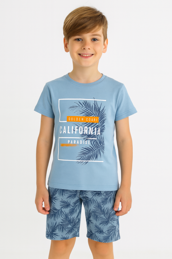 Erkek Çocuk Calıfornıa Paradise Yazılı Palmiye Baskılı Kısa Kollukaprili Pijama Takımı - 2. görsel