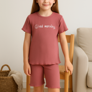 Kız Çocuk Good Morninig Yazılı Fitilli Kısa Kollu Pamuklu Pudra Renk Şort Takım - Almira Bebek