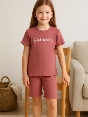 Kız Çocuk Good Morninig Yazılı Fitilli Kısa Kollu Pamuklu Pudra Renk Şort Takım - Almira Bebek