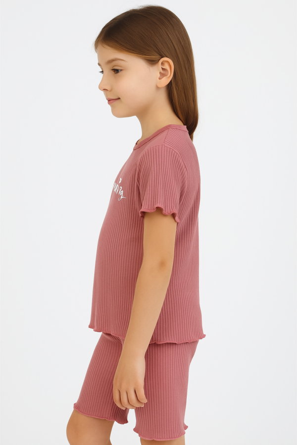 Kız Çocuk Good Morninig Yazılı Fitilli Kısa Kollu Pamuklu Pudra Renk Şort Takım - 2. görsel