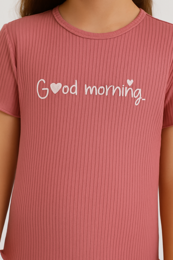 Kız Çocuk Good Morninig Yazılı Fitilli Kısa Kollu Pamuklu Pudra Renk Şort Takım - 4. görsel