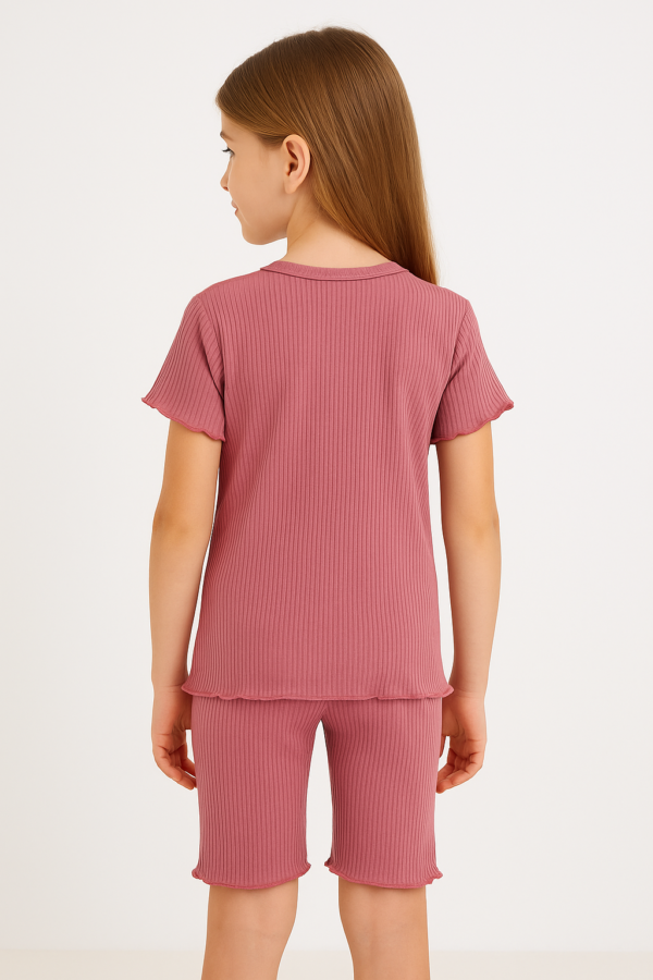 Kız Çocuk Good Morninig Yazılı Fitilli Kısa Kollu Pamuklu Pudra Renk Şort Takım - 5. görsel