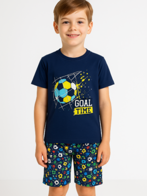 Erkek Çocuk Goal Time Yazılı Top Baskılı Kısa Kollu Kaprili Pijama Takımı - Almira Bebek
