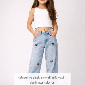 Kız Çocuk Fiyonk Işlemeli Garson Boy Bol Paçalı Kot Pantolon - Almira Bebek