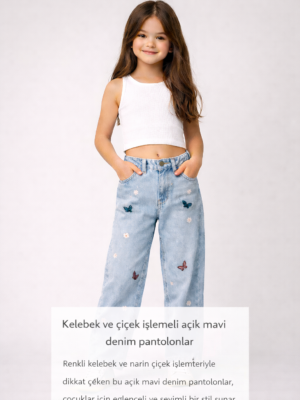 Kız Çocuk Fiyonk Işlemeli Garson Boy Bol Paçalı Kot Pantolon - Almira Bebek