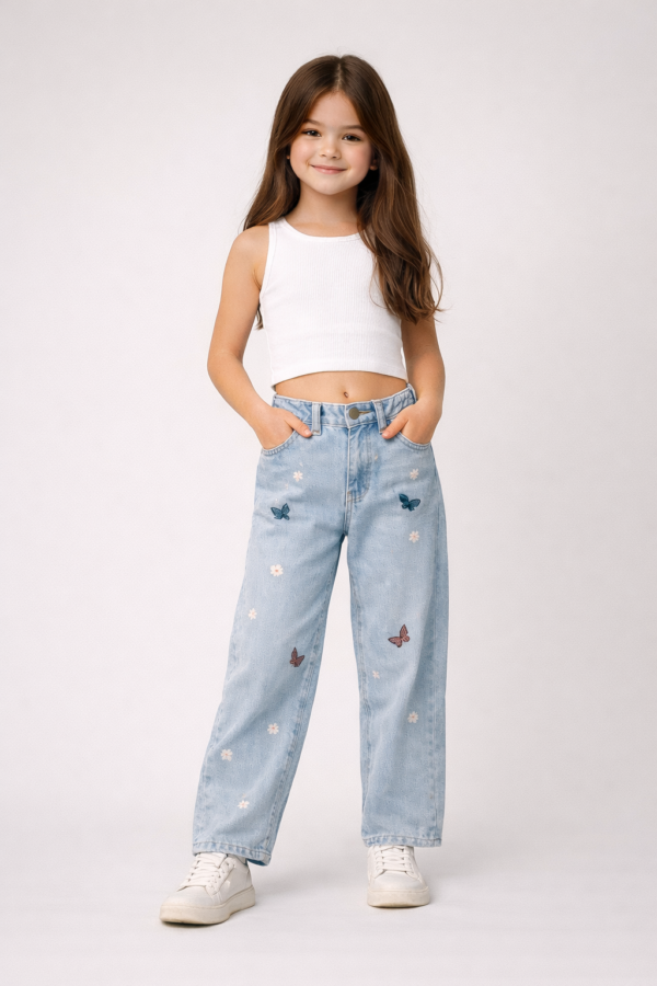 Kız Çocuk Fiyonk Işlemeli Garson Boy Bol Paçalı Kot Pantolon - 2. görsel