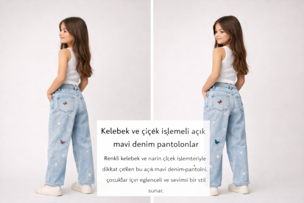 Kız Çocuk Fiyonk Işlemeli Garson Boy Bol Paçalı Kot Pantolon - 3. görsel
