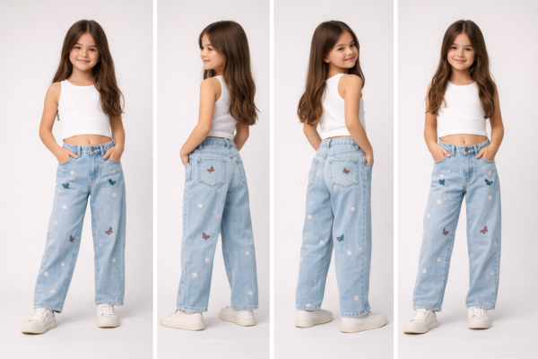 Kız Çocuk Fiyonk Işlemeli Garson Boy Bol Paçalı Kot Pantolon - 4. görsel