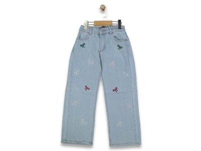 Kız Çocuk Fiyonk Işlemeli Garson Boy Bol Paçalı Kot Pantolon - 5. görsel