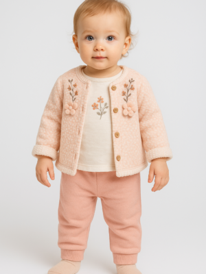 Kız Bebek Çiçek Nakışlı Welsoft Ceketli 3lü Takım - 2. görsel