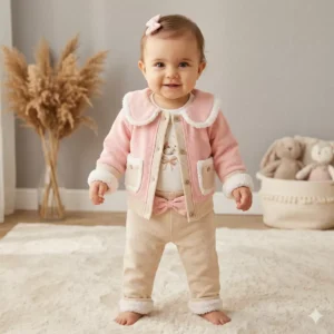 Kız Bebek Wafle Kumaş Cep Detaylı 3lü Ceket Takım - Almira Bebek