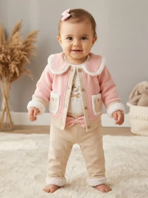 Kız Bebek Wafle Kumaş Cep Detaylı 3lü Ceket Takım - Almira Bebek