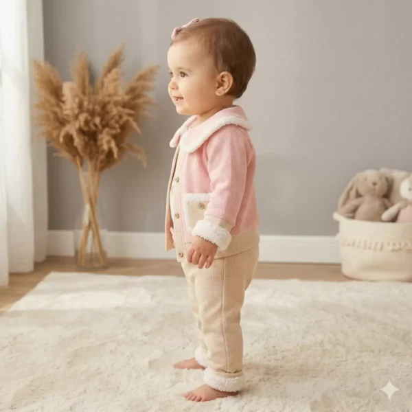 Kız Bebek Wafle Kumaş Cep Detaylı 3lü Ceket Takım - 2. görsel