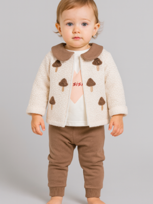 Kız Bebek Mantar Baskılı Welsoft Ceketli 3lü Takım - Almira Bebek