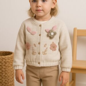 Kız Bebek Çiçek Ve Yaprak Desenli Simli Ceketli 3lü Takım - Bebek Giyim