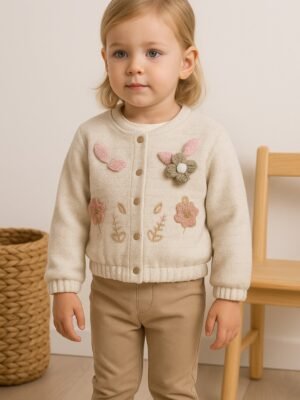 Kız Bebek Çiçek Ve Yaprak Desenli Simli Ceketli 3lü Takım - Bebek Giyim