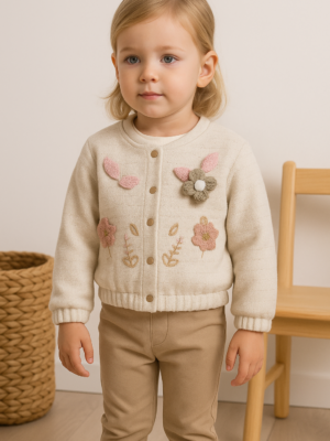 Kız Bebek Çiçek Ve Yaprak Desenli Simli Ceketli 3lü Takım - Almira Bebek