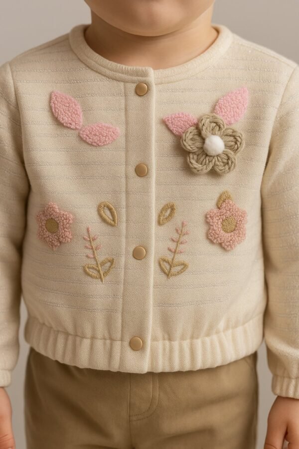 Kız Bebek Çiçek Ve Yaprak Desenli Simli Ceketli 3lü Takım - Bebek Giyim - Gorsel 3