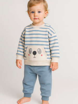 Erkek çocuk çizgili köpek yüz baskılı iç kısmı şardonlu takım rahat kullanım - Gorsel 8