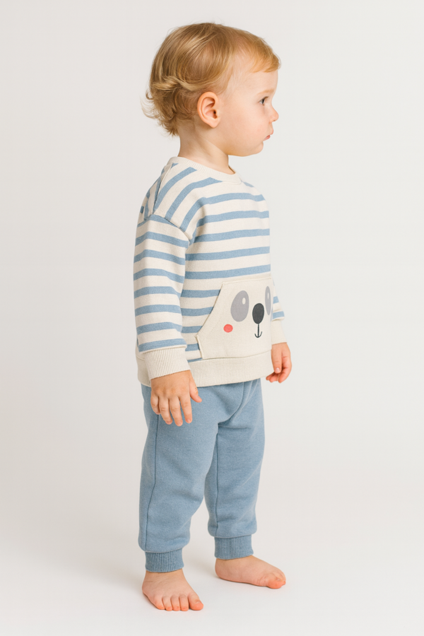 Erkek çocuk çizgili köpek yüz baskılı iç kısmı şardonlu takım rahat kullanım - Gorsel 5