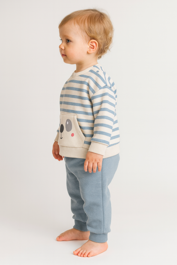 Erkek çocuk çizgili köpek yüz baskılı iç kısmı şardonlu takım rahat kullanım - Gorsel 6