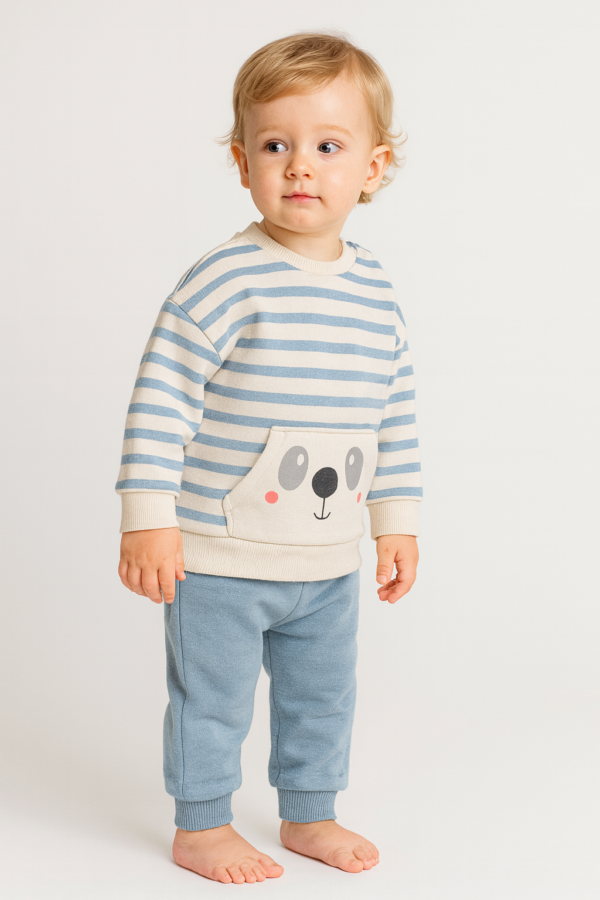 Erkek çocuk çizgili köpek yüz baskılı iç kısmı şardonlu takım rahat kullanım - Gorsel 7