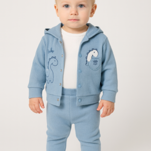 Erkek Bebek Dinazor İşlemeli Kapşonlu Zıbınlı 3lü Takım - Almira Bebek