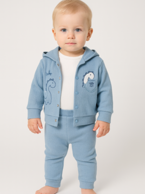 Erkek Bebek Dinazor İşlemeli Kapşonlu Zıbınlı 3lü Takım - Almira Bebek