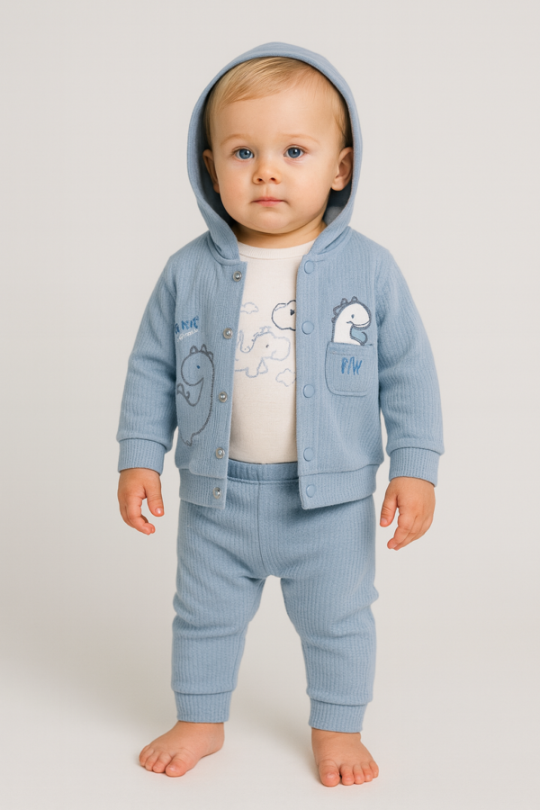 Erkek Bebek Dinazor İşlemeli Kapşonlu Zıbınlı 3lü Takım - 2. görsel