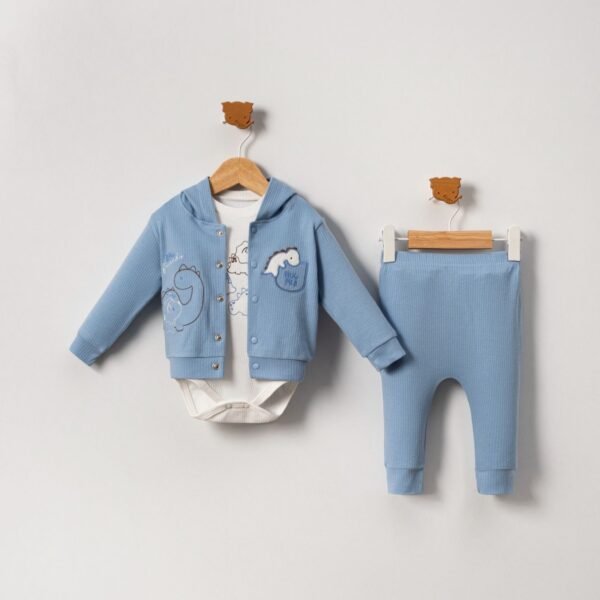 Erkek Bebek Dinazor İşlemeli Kapşonlu Zıbınlı 3lü Takım - 4. görsel