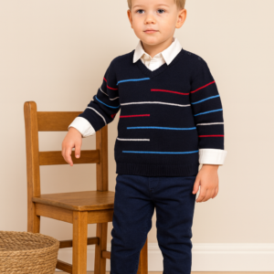 Erkek Çocuk Çizgi Desenli  Kazak Keten Pantolonlu Gmlekli 3lü Takım - Almira Bebek