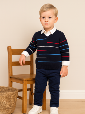 Erkek Çocuk Çizgi Desenli  Kazak Keten Pantolonlu Gmlekli 3lü Takım - Almira Bebek