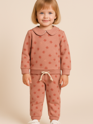 Kız Çocuk Çiçek Desenli Bebe Yakaılı Uzun Kollu Takım - Almira Bebek