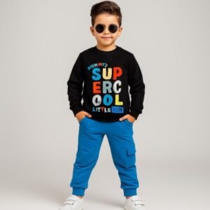 Erkek Çocuk Supercool Yazılı Uzun Kollu Siyah Renk Eşofman Takım - Almira Bebek