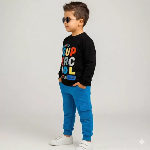 Erkek Çocuk Supercool Yazılı Uzun Kollu Siyah Renk Eşofman Takım - 2. görsel