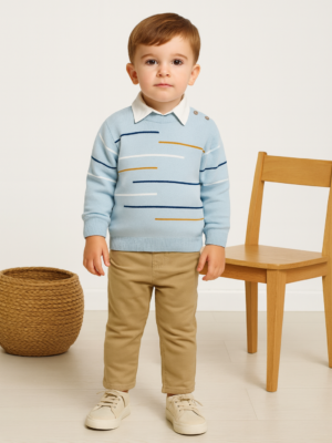 Erkek Çocuk Çizgi Detaylı Kazak-gömlek Pantolonlu Takım - Almira Bebek