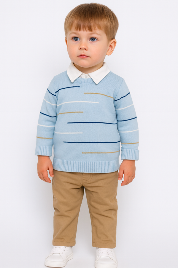 Erkek Çocuk Çizgi Detaylı Kazak-gömlek Pantolonlu Takım - 2. görsel