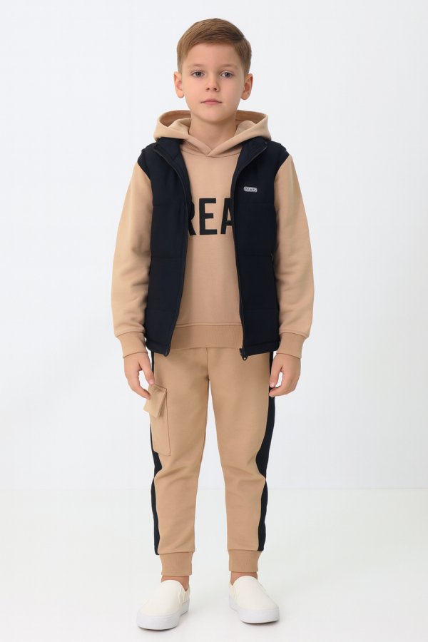 Erkek Çocuk Kapitone Siyah Yelekli-kapşonlu Sweatshirt-eşofman Takım - 2. görsel