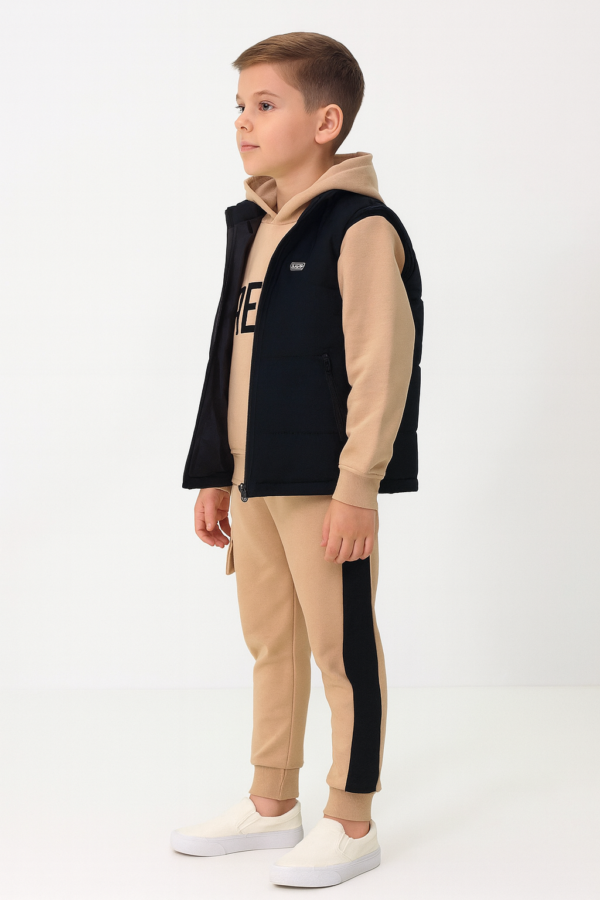 Erkek Çocuk Kapitone Siyah Yelekli-kapşonlu Sweatshirt-eşofman Takım - 3. görsel