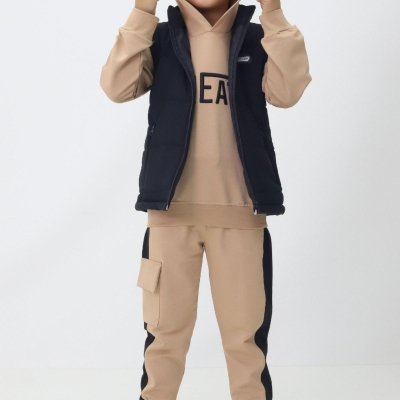 Erkek Çocuk Kapitone Siyah Yelekli-kapşonlu Sweatshirt-eşofman Takım - 4. görsel