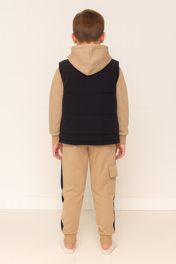 Erkek Çocuk Kapitone Siyah Yelekli-kapşonlu Sweatshirt-eşofman Takım - 5. görsel
