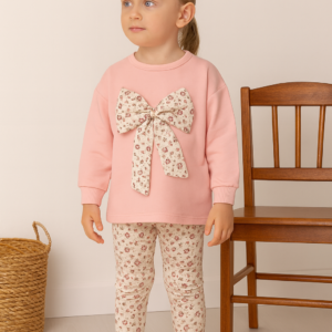 Kız Çocuk Çiçekli Fiyonk Detaylı Uzun Kollu Pamuklu Tayt Takım - Almira Bebek