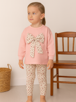 Kız Çocuk Çiçekli Fiyonk Detaylı Uzun Kollu Pamuklu Tayt Takım - Almira Bebek