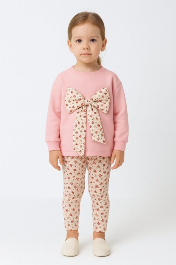 Kız Çocuk Çiçekli Fiyonk Detaylı Uzun Kollu Pamuklu Takım, Kız Çocuk Giyim, Rahat ve Şık - Gorsel 2
