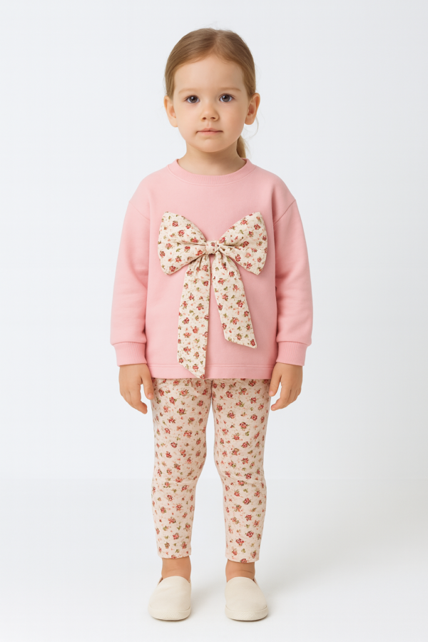 Kız Çocuk Çiçekli Fiyonk Detaylı Uzun Kollu Pamuklu Tayt Takım - 2. görsel