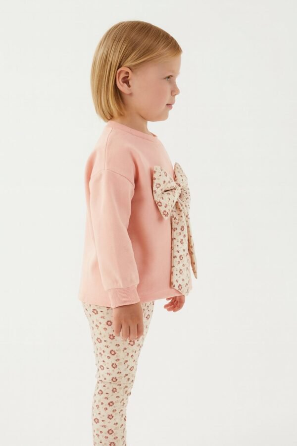 Kız Çocuk Çiçekli Fiyonk Detaylı Uzun Kollu Pamuklu Takım, Kız Çocuk Giyim, Rahat ve Şık - Gorsel 3