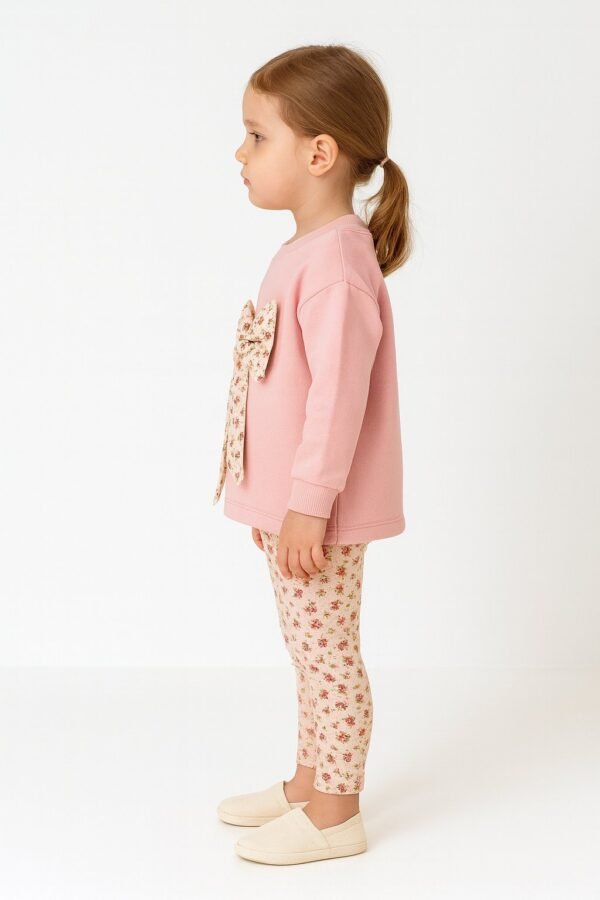 Kız Çocuk Çiçekli Fiyonk Detaylı Uzun Kollu Pamuklu Takım, Kız Çocuk Giyim, Rahat ve Şık - Gorsel 4