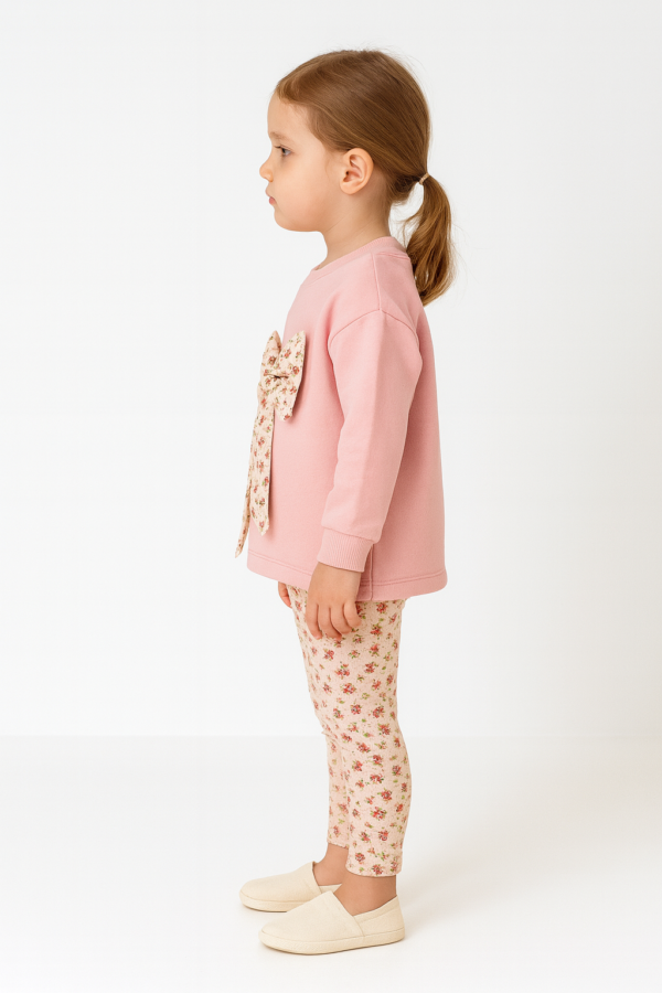 Kız Çocuk Çiçekli Fiyonk Detaylı Uzun Kollu Pamuklu Tayt Takım - 4. görsel