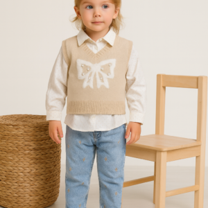 Kız Çocuk Taş İşlemeli Triko Süveter-gömlek-fiyonk Desenli Kot Pantolon Takım - Almira Bebek